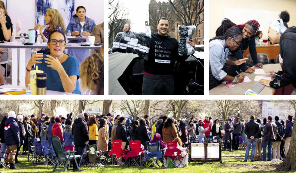 A collage shows people in classrooms, a smiling person holding Yale Prison Education Initiative shirts, a group collaborating at a table, and a large outdoor gathering with chairs and attendees, all engaged in educational activities.