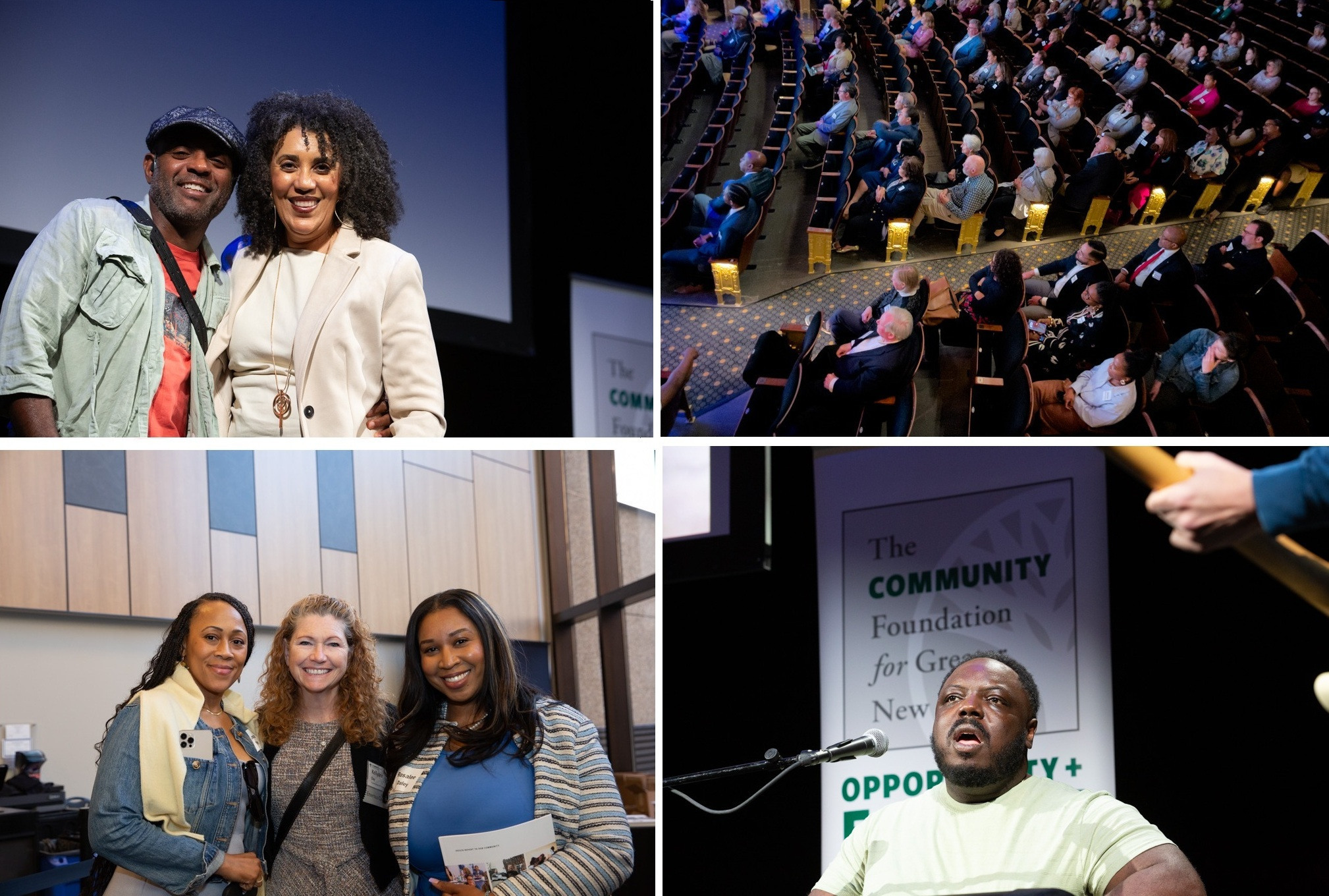 A collage of four images shows people at an indoor event: two people smiling together, an audience in a theater, three women posing, and a woman and man smiling at a reception table.
