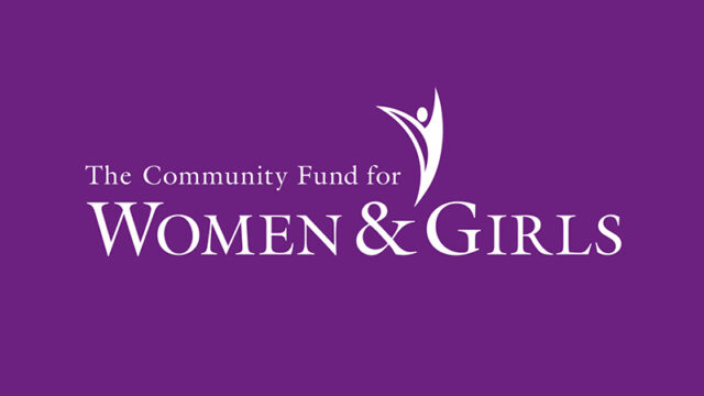 White text on a purple background reads, The Community Fund for Women & Girls with a stylized figure of a person incorporated above the words.