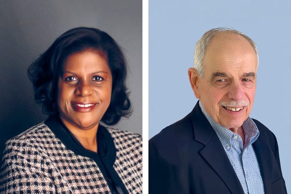 A composite image featuring a woman with shoulder-length dark hair in a patterned jacket on the left, and an older man with short gray hair and a mustache in a navy blazer and blue shirt on the right.