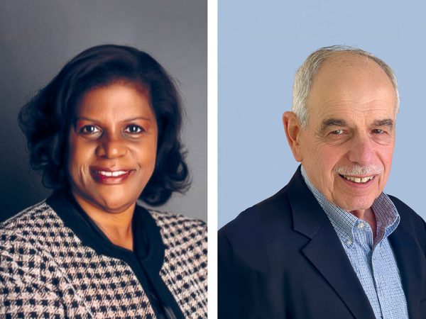 A composite image featuring a woman with shoulder-length dark hair in a patterned jacket on the left, and an older man with short gray hair and a mustache in a navy blazer and blue shirt on the right.