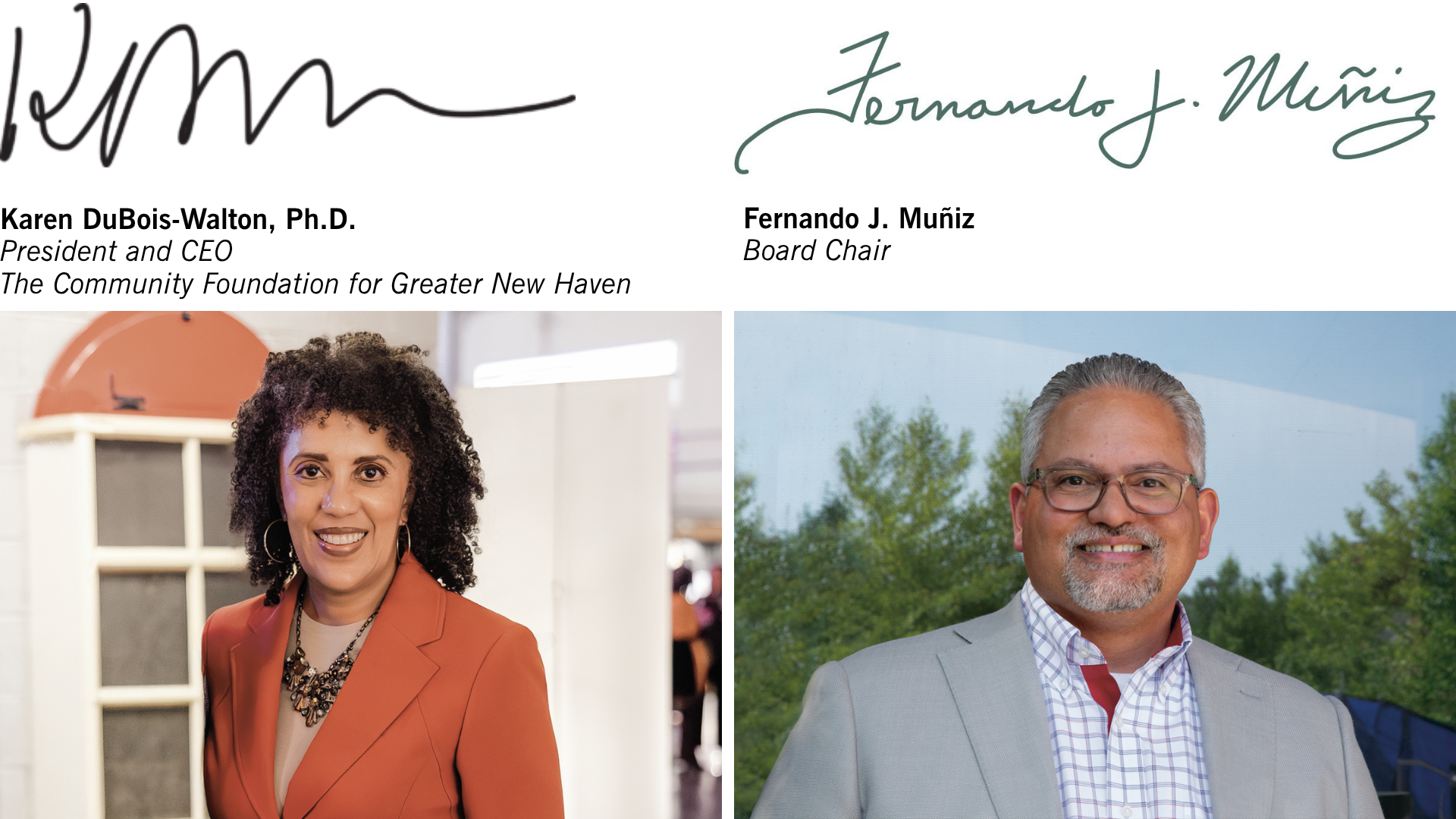 Two portraits side by side: On the left, Karen DuBois-Walton, Ph.D., smiling in an orange blazer; on the right, Fernando J. Muñiz, smiling in a gray blazer. Their names and titles appear above with signatures.