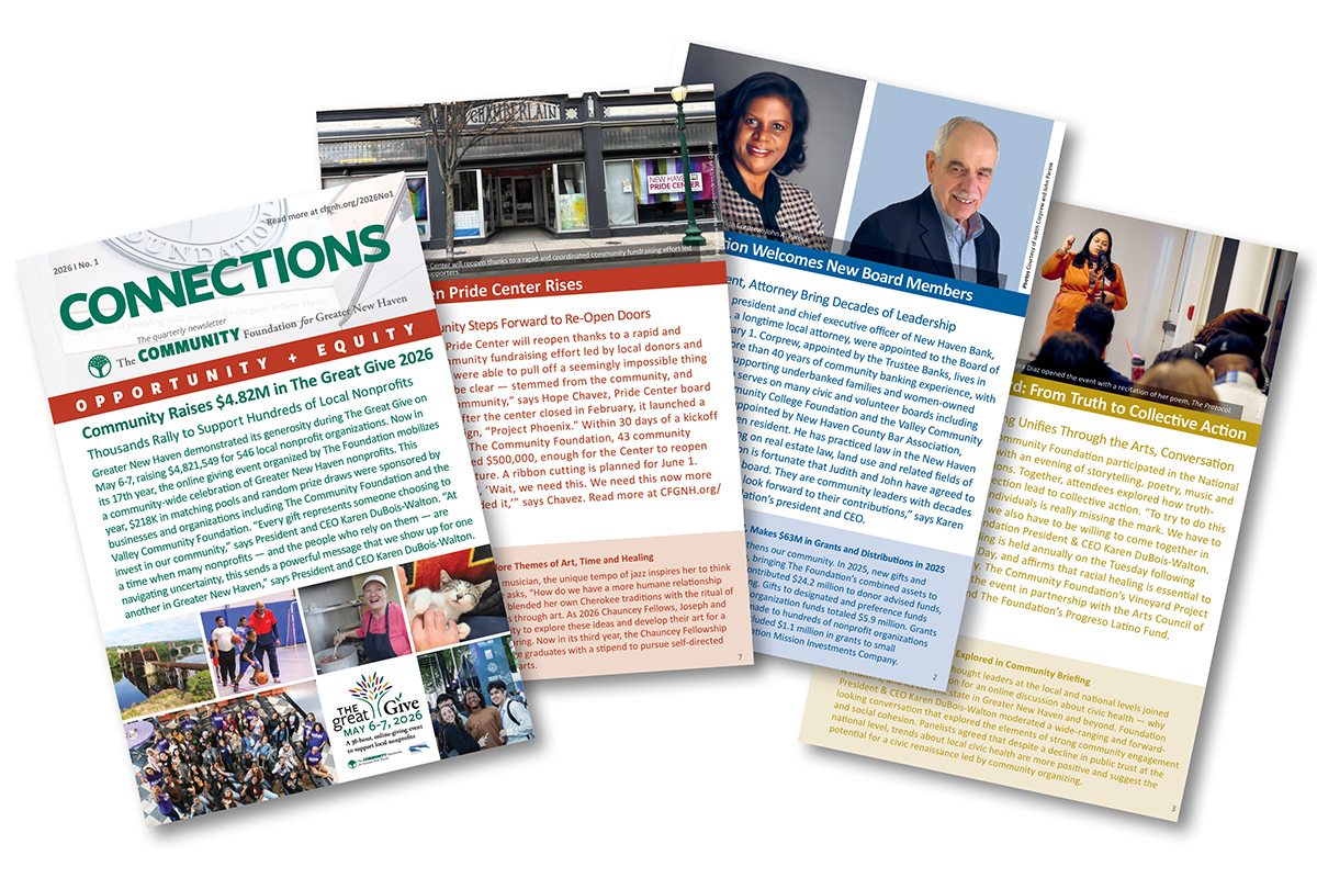 Four colorful newsletter pages overlap. The first page has the headline CONNECTIONS and highlights a fundraising update. The other pages feature a building photo, two board member portraits, and an article about collective action.