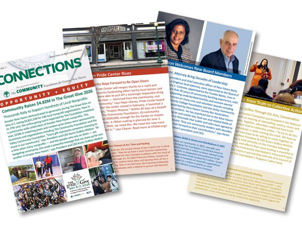 Four colorful newsletter pages overlap. The first page has the headline CONNECTIONS and highlights a fundraising update. The other pages feature a building photo, two board member portraits, and an article about collective action.