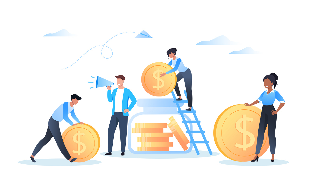 Saving and investing money. A man stands with a megaphone. People stack dollar coins in money box, vector illustration for web design, site and mobile app