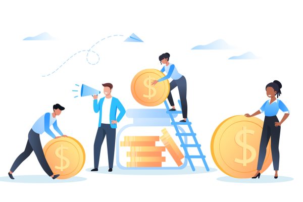 Saving and investing money. A man stands with a megaphone. People stack dollar coins in money box, vector illustration for web design, site and mobile app