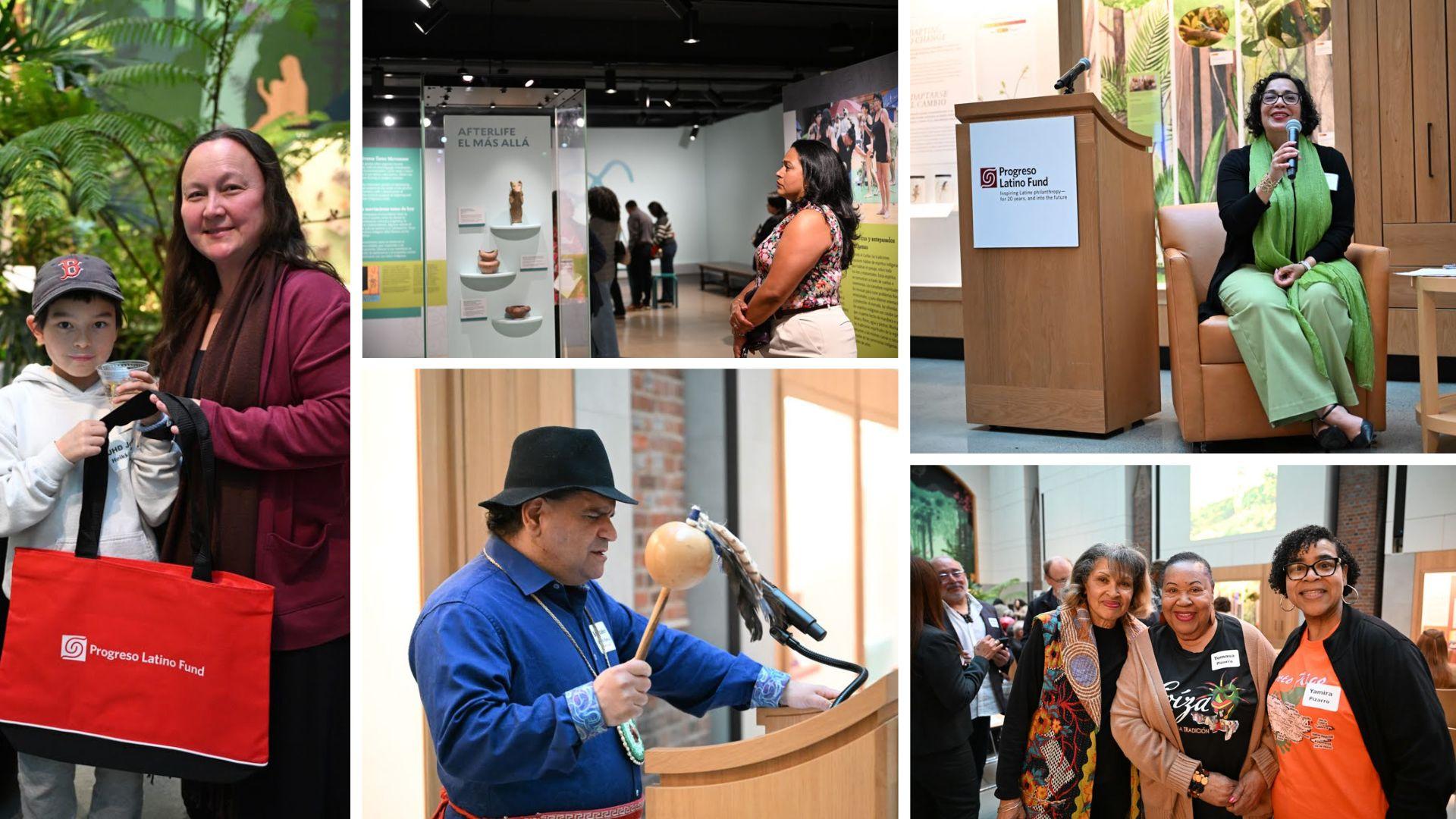 A collage of five photos showing diverse people at a museum event: visitors viewing exhibits, a woman speaking on stage, a man with a feathered rattle, smiling attendees, and a woman with a child holding a red Progressa Latinos Fund bag.