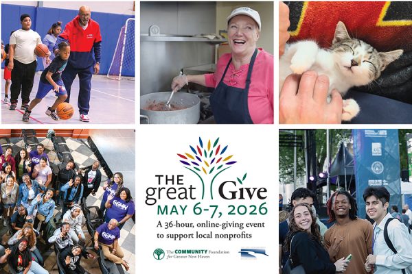 A collage features people playing basketball, a woman cooking and smiling, a cat being petted, a diverse group of cheerful students, and a group of young people at an outdoor event; centered is The Great Give, May 6-7, 2026 event logo.