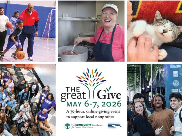 A collage features people playing basketball, a woman cooking and smiling, a cat being petted, a diverse group of cheerful students, and a group of young people at an outdoor event; centered is The Great Give, May 6-7, 2026 event logo.