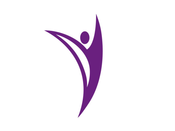 A simple purple abstract figure with arms raised, suggesting a person celebrating or dancing, on a white background.