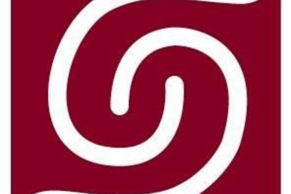 A maroon square with a thick white line forming a stylized spiral pattern in the center, curving smoothly toward the middle.