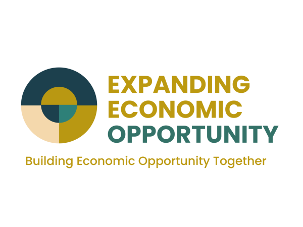 A geometric circular logo beside the words Expanding Economic Opportunity in gold and green, and Building Economic Opportunity Together in smaller gold text below. The background is light gray.