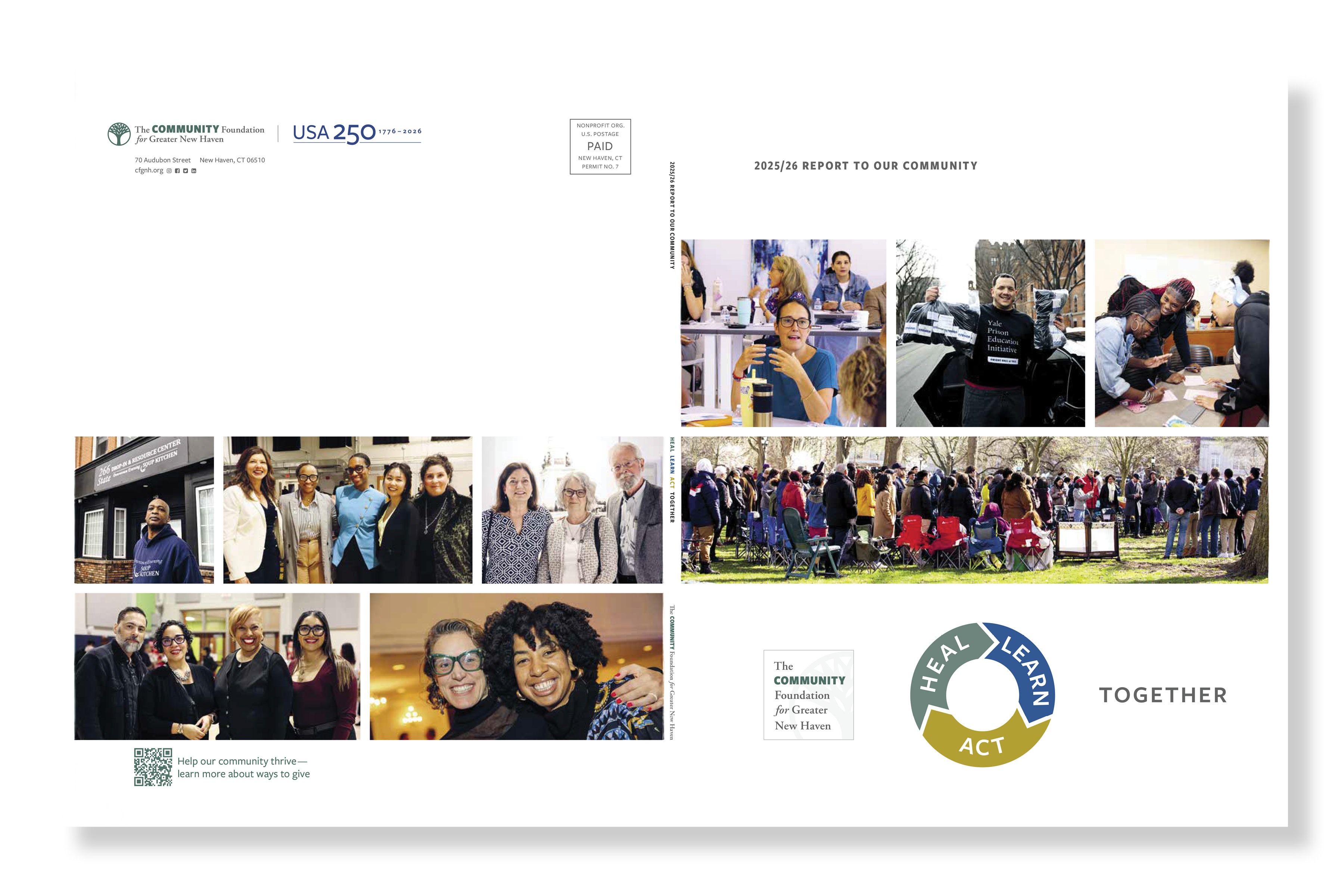 A collage of diverse people engaging in group activities, discussions, and outdoor gatherings; text reads 2023/24 Report to Our Community and features the words Heal, Learn, Act, and Together in circular icons.